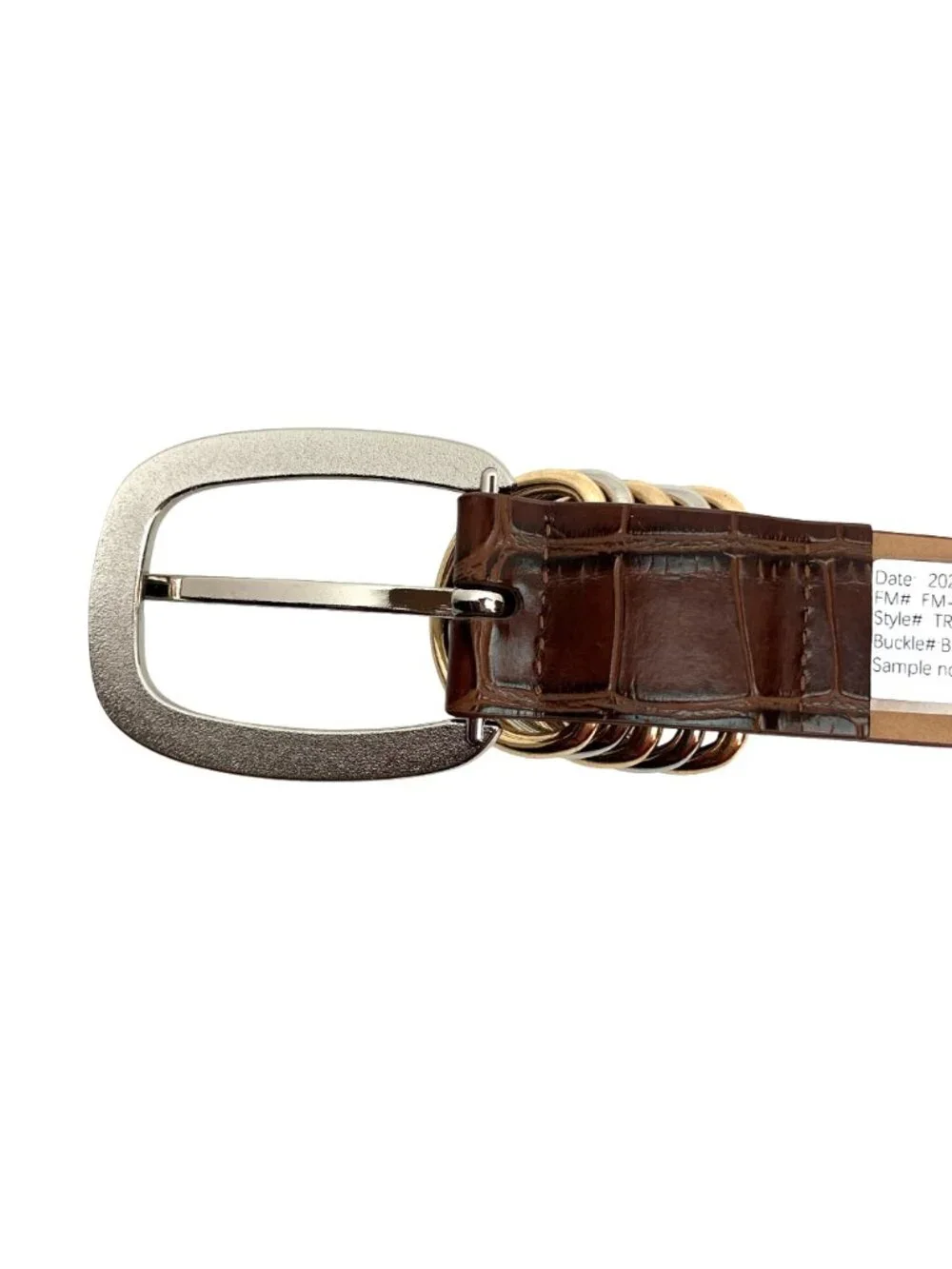 Randa Faux Croc Leather Belt With Gold & Silver Keeper Rings Women’s 32 Brown